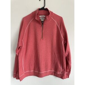 LL Bean Sweater Mens Large Red 100% Cotton Contrast Stitch 1/4 Quarter Zip